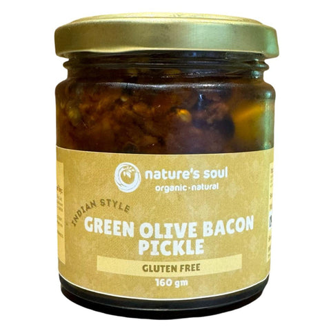 Green Olive Bacon Pickle Indian Style - Fresh - Gluten Free - Made with Organic Ingredients - 160gm